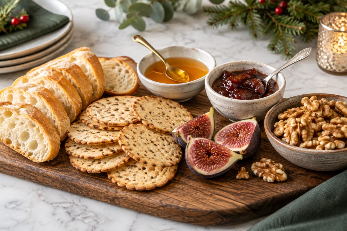 Bread, crackers, chutney, honey, figs and nuts for a sharing board