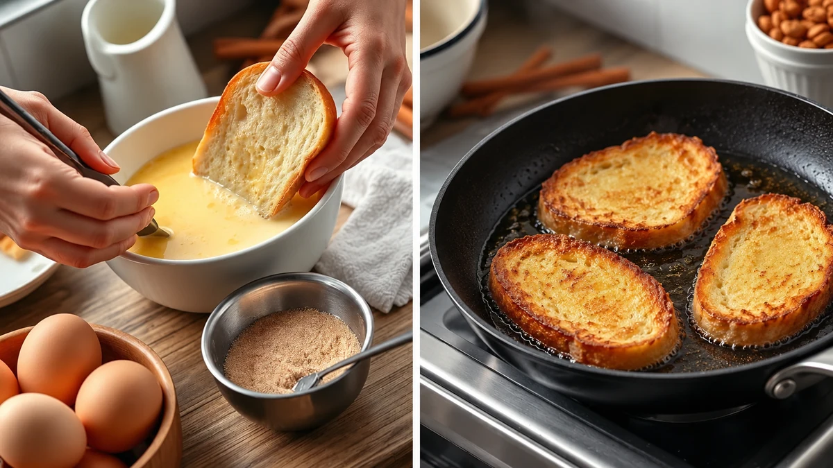Bread dipped in egg and milk beside golden rabanada frying in oil