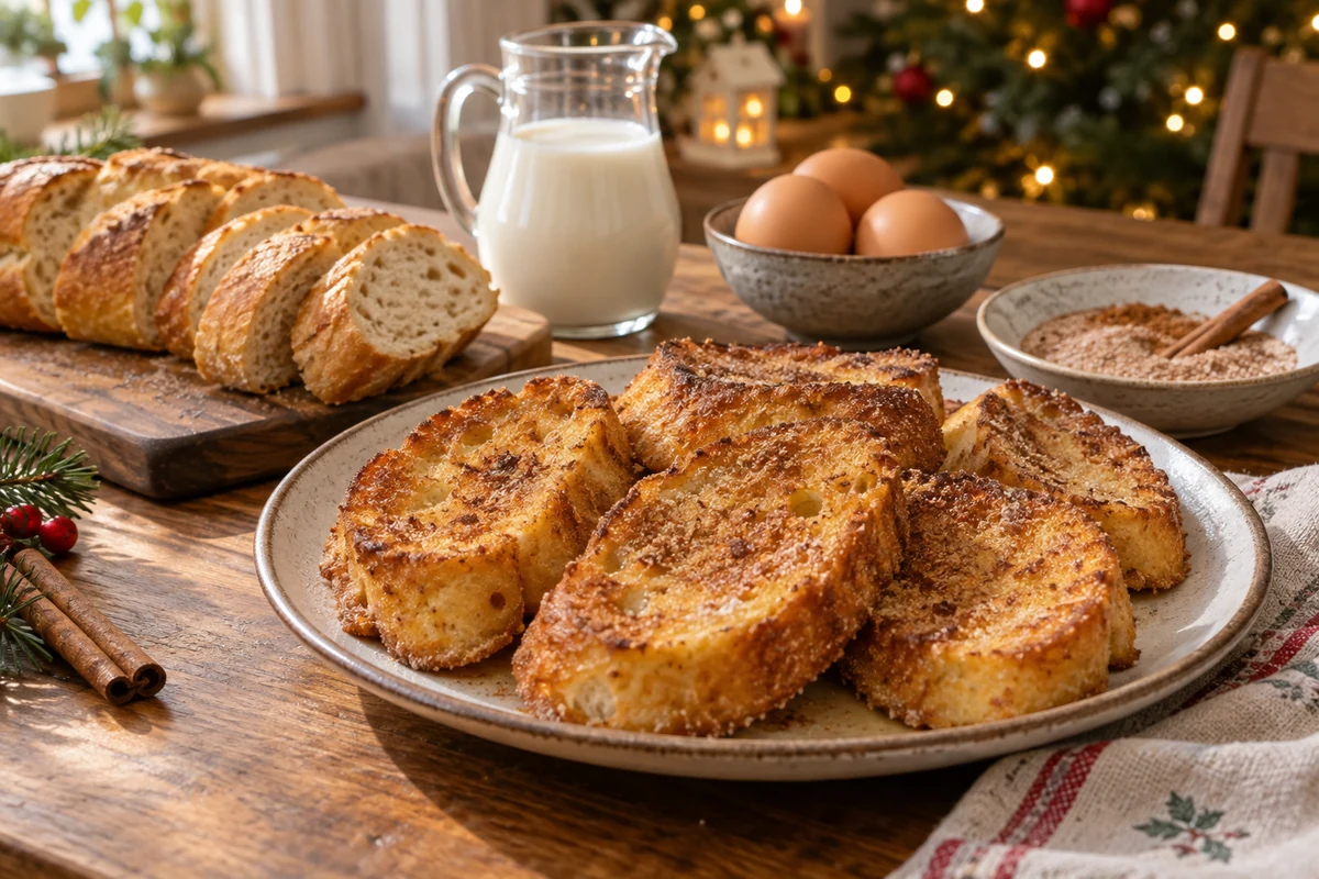 Bread, milk and eggs beside golden baked rabanada