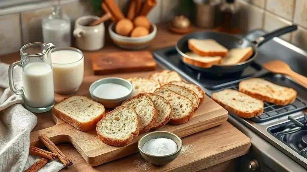 Bread, milk, eggs and cinnamon arranged for traditional rabanada