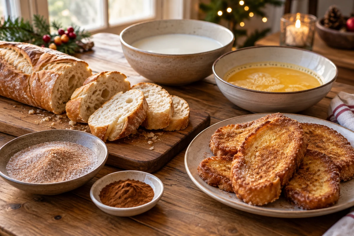 Bread, milk, eggs and cinnamon sugar for fried rabanada Bread, milk, eggs and cinnamon sugar for fried rabanada