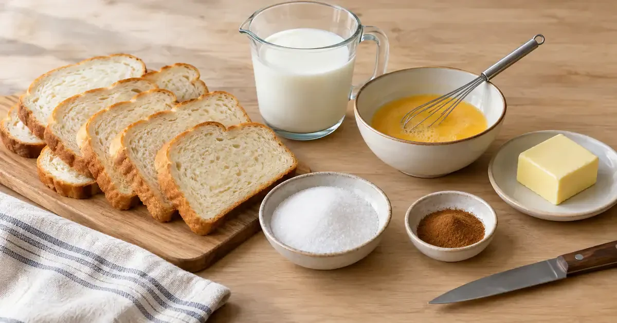 Bread, milk, eggs, butter, sugar and cinnamon for rabanada