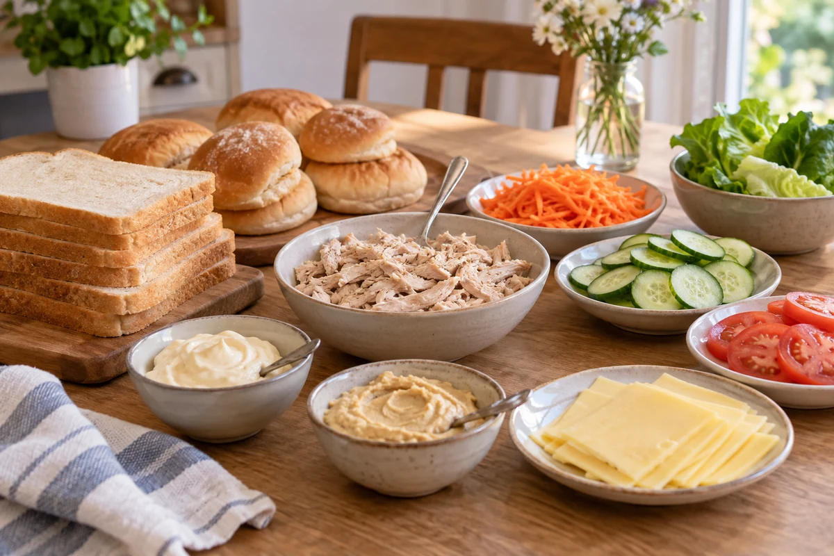 Bread rolls, vegetables and fillings for mini sandwiches