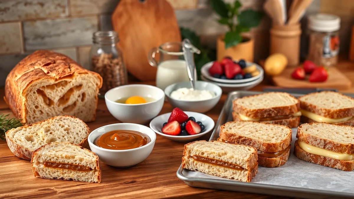 Bread sandwiches with caramel and custard fillings ready for dipping