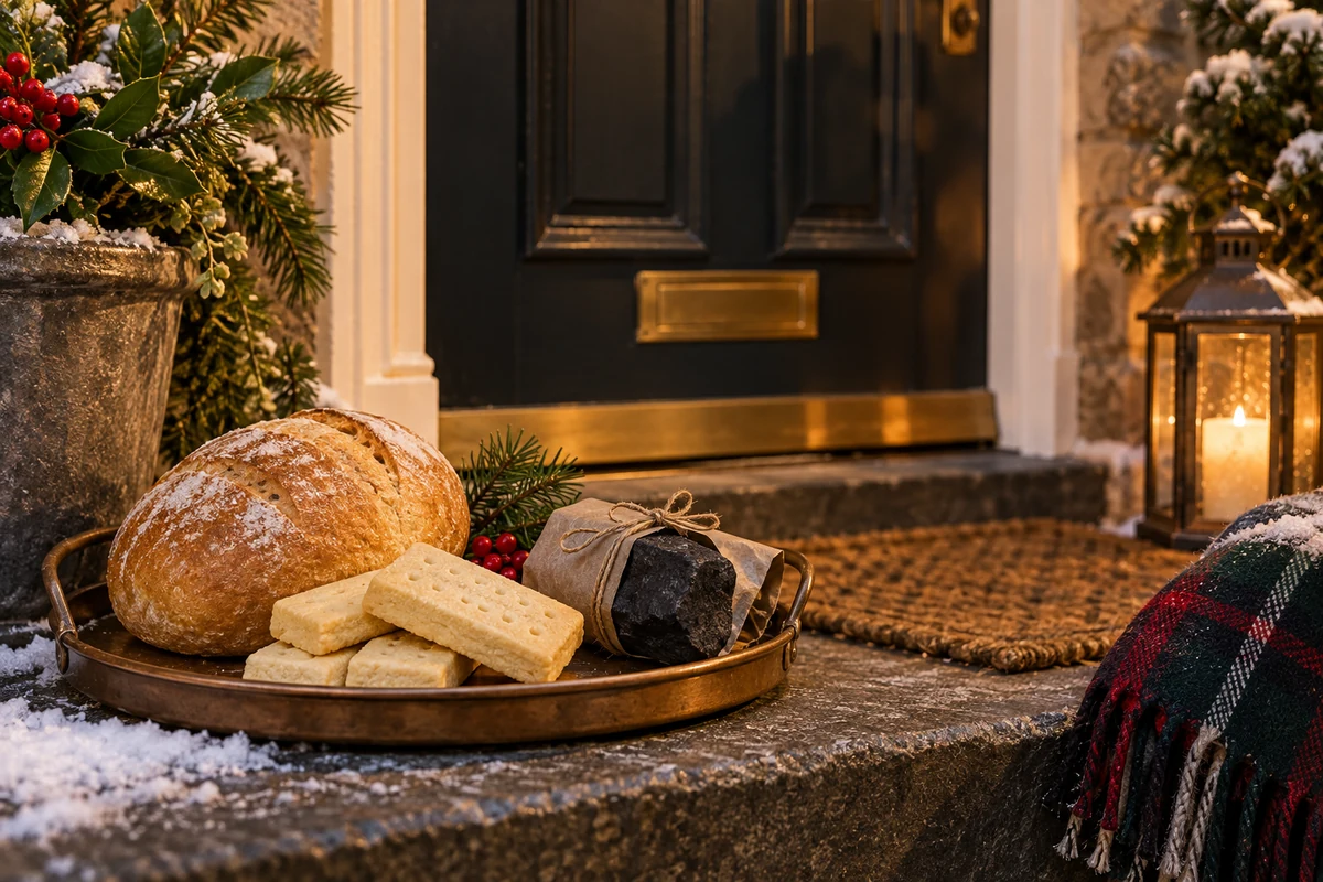 Bread, shortbread and a wrapped coal gift for first-footing Bread, shortbread and a wrapped coal gift for first-footing