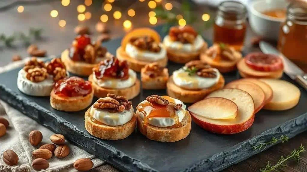 Brie canapés with fruit preserves and nuts Brie canapés with fruit preserves and nuts