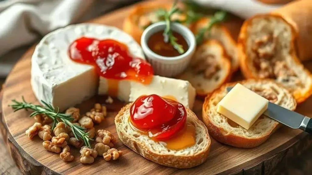 Brie toast with chilli jam walnuts and serving ingredients Brie toast with chilli jam walnuts and serving ingredients