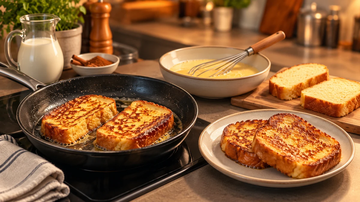 Brioche French toast cooking in a shallow pan beside prepared ingredients