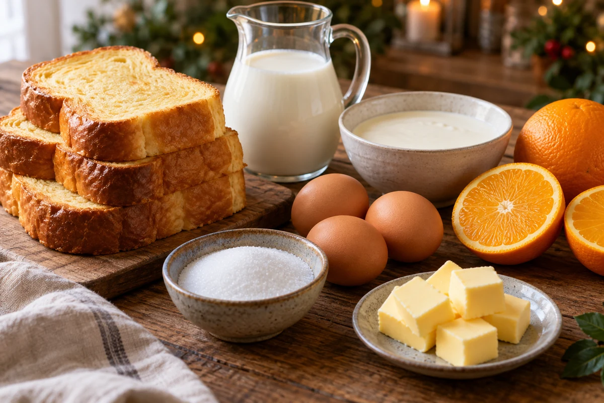 Brioche, orange and custard ingredients