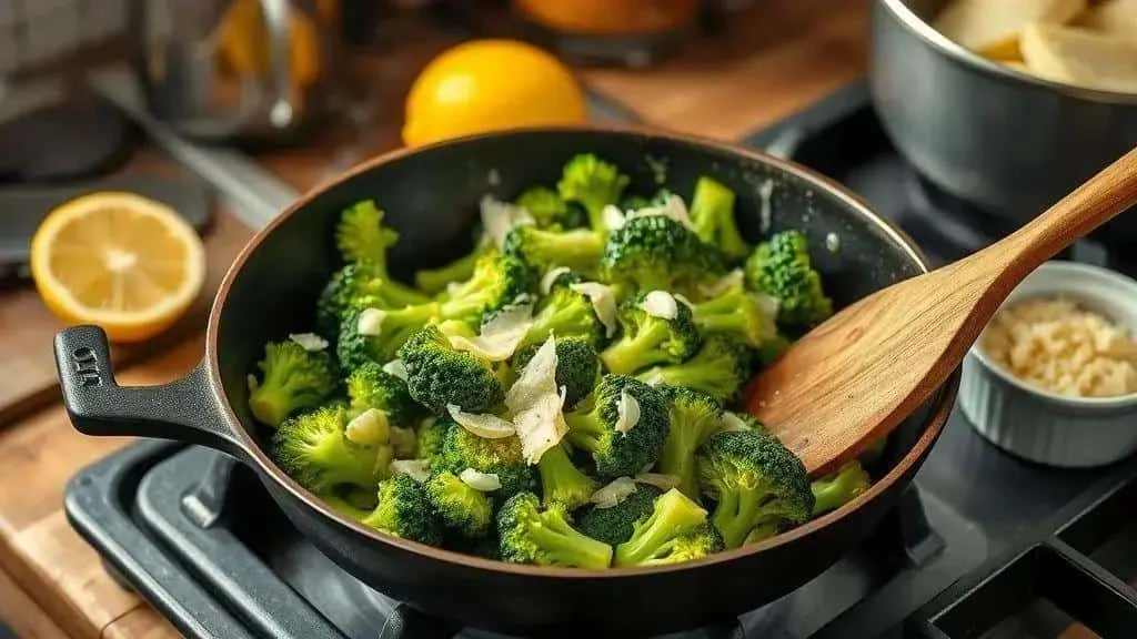 Broccoli cooking in a frying pan with garlic butter Broccoli cooking in a frying pan with garlic butter