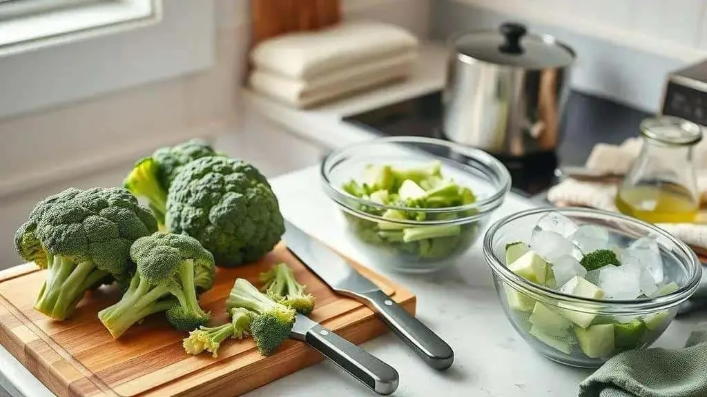 Broccoli florets and stalks being prepared for cooking