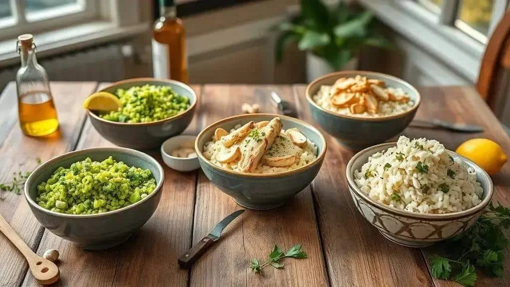 Broccoli rice variations with chicken and creamy toppings