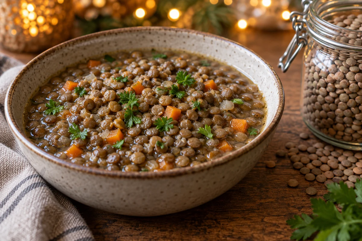 Brown lentil stew with carrot and parsley beside dried lentils Brown lentil stew with carrot and parsley beside dried lentils