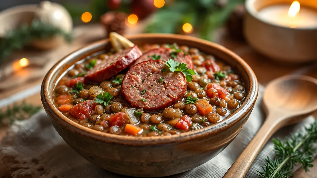 Brown lentil stew with sliced smoked sausage