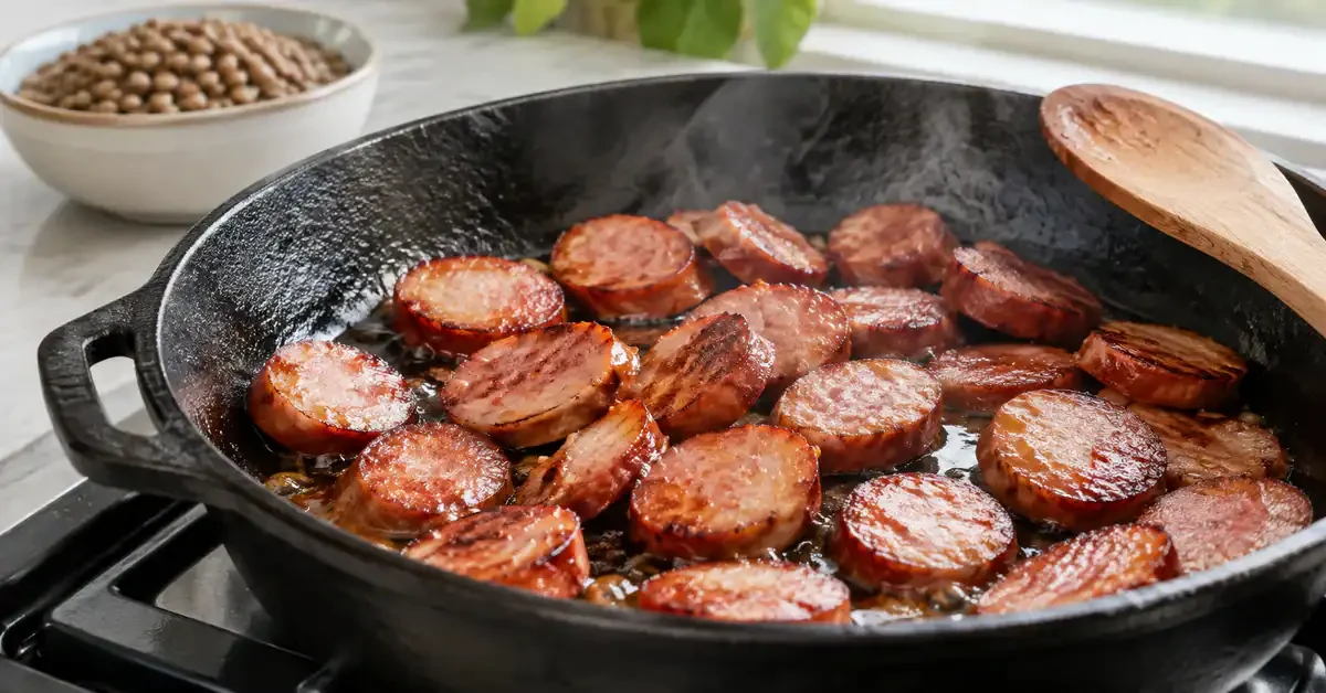 Browned sausage slices for a lentil dish Browned sausage slices for a lentil dish