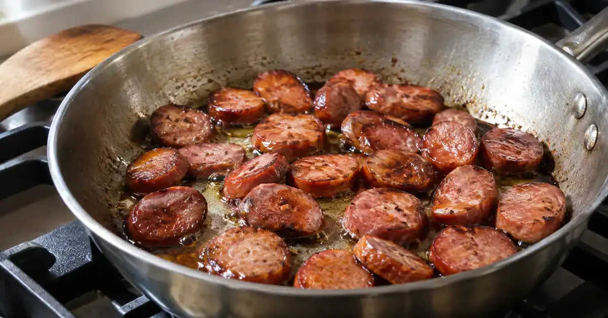 Browning sliced calabresa sausage in a pan Browning sliced calabresa sausage in a pan