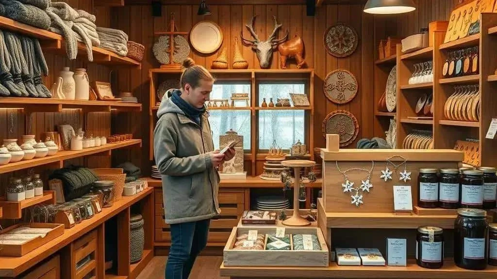 Browsing handmade gifts at a winter craft shop