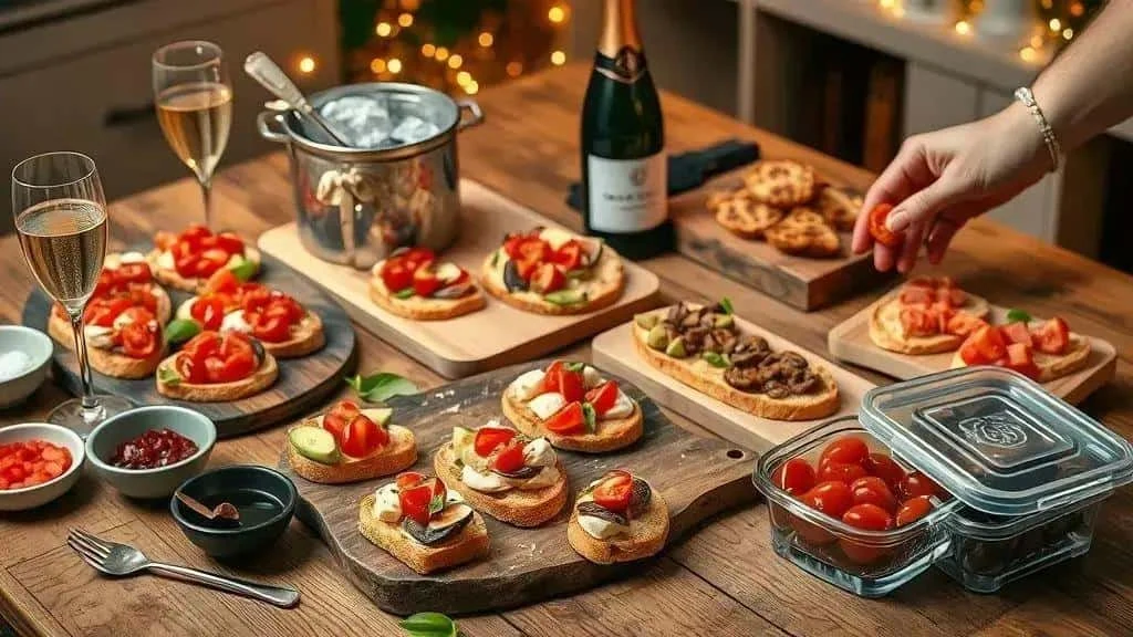 Bruschetta platters and ingredients for a festive gathering