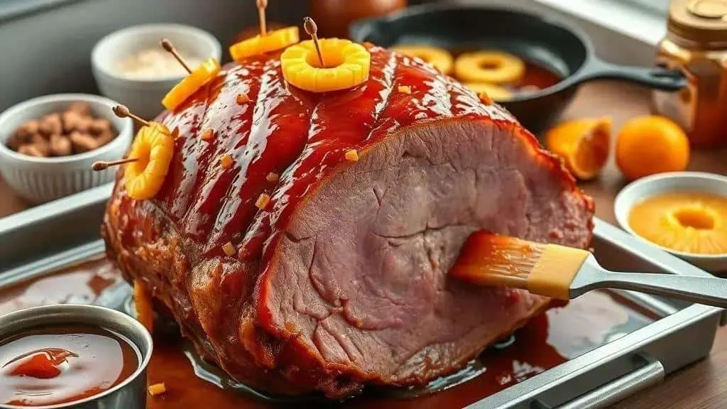 Brushing a Christmas ham with glaze