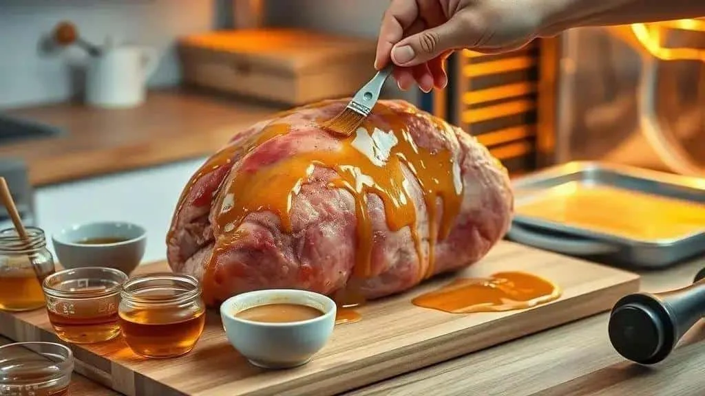 Brushing a glaze over a cooked ham