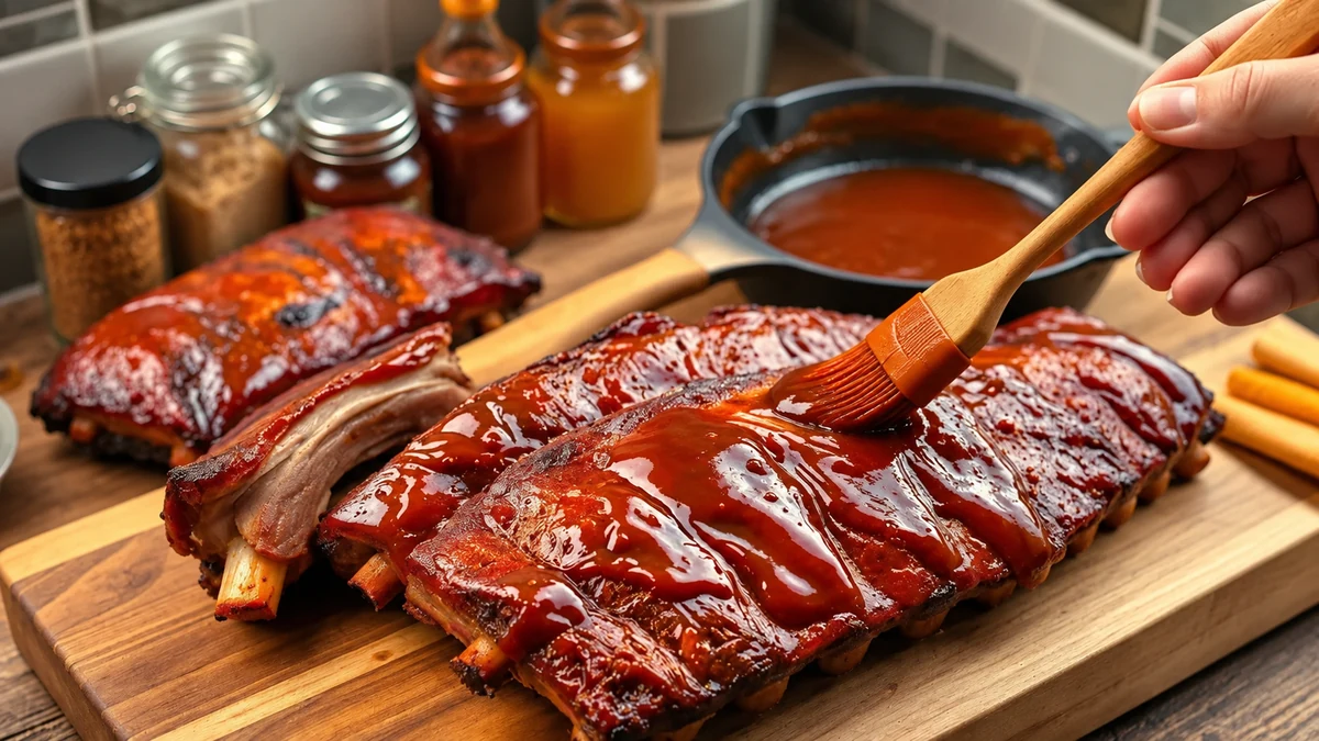 Brushing cooked pork ribs with glaze