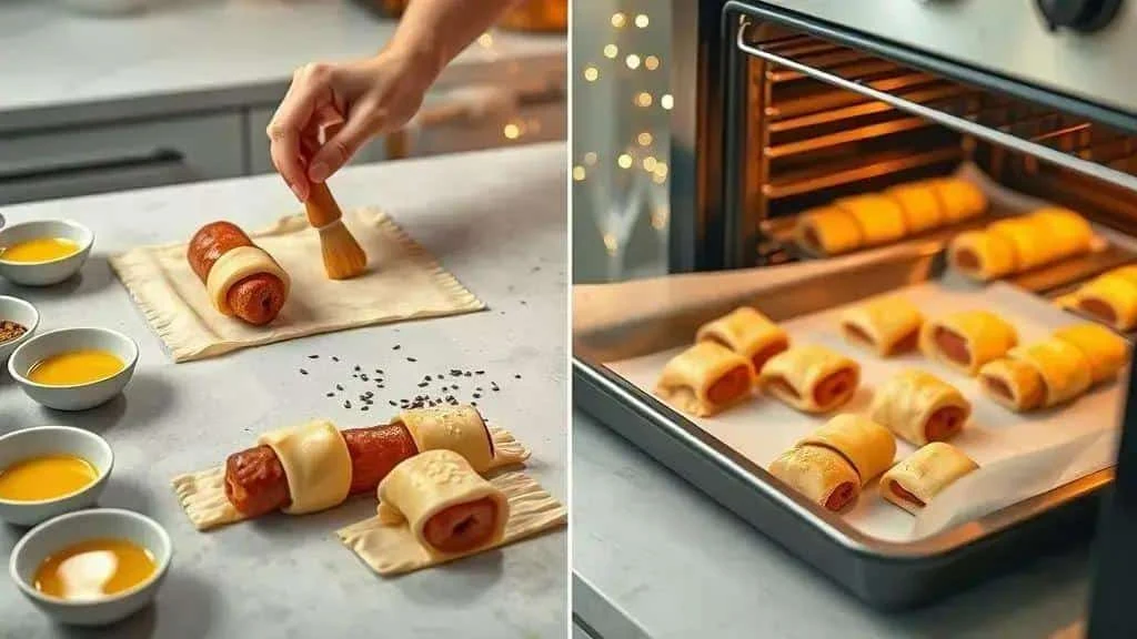 Brushing pastry-wrapped sausages before baking