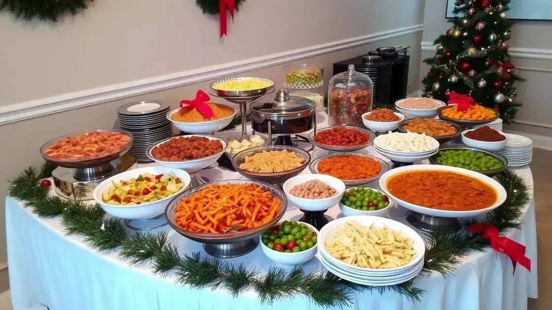 Buffet dishes arranged for a Christmas gathering