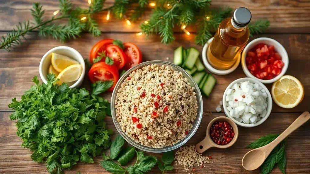 Bulgur, tomatoes and fresh herbs for Christmas tabbouleh