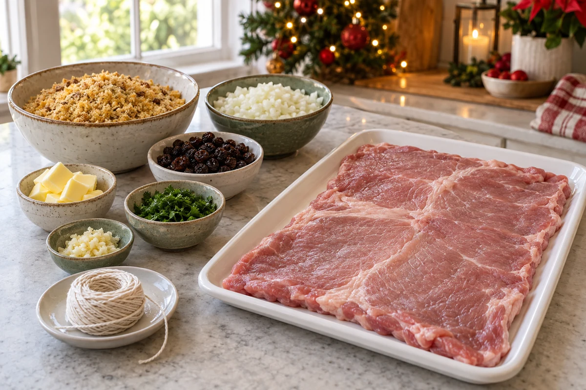 Butterflied pork loin and separate farofa stuffing ingredients