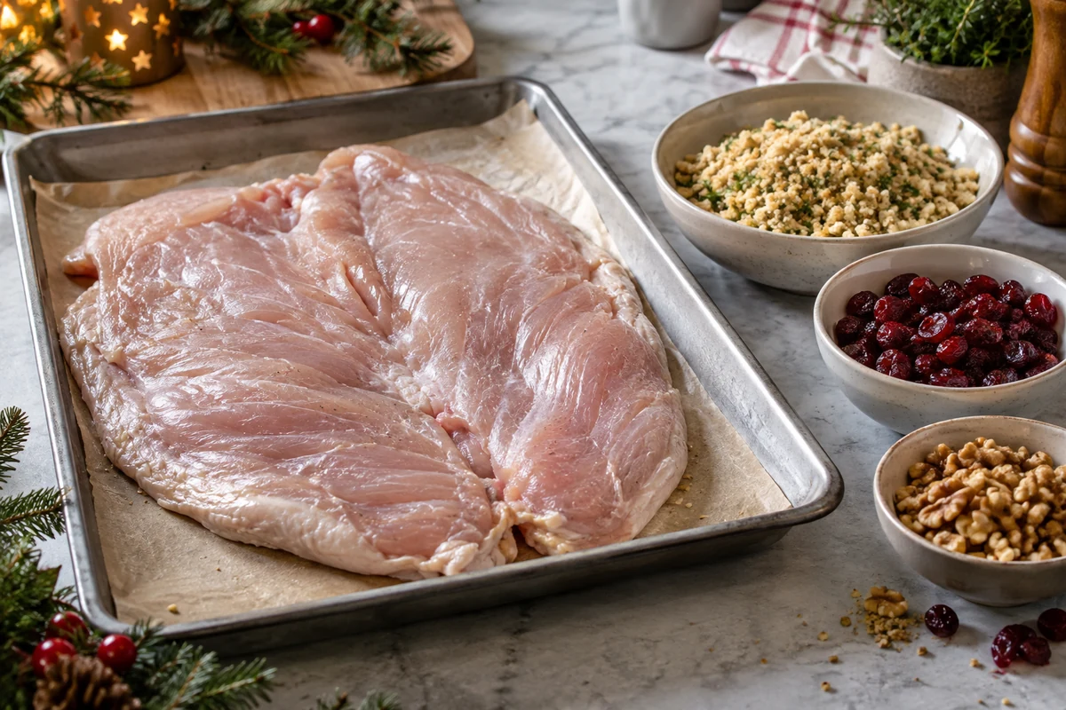Butterflied raw boneless turkey breast on a tray with separate bowls of breadcrumbs, cranberries and walnuts