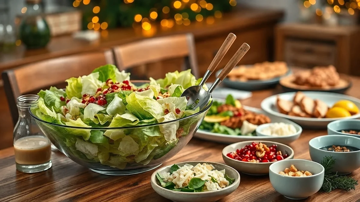 Caesar salad with serving utensils on a buffet table