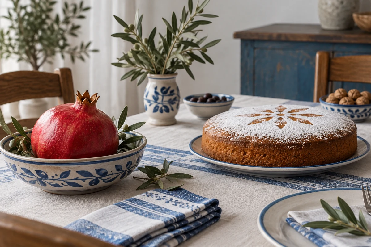 Cake and pomegranate with blue and white tableware
