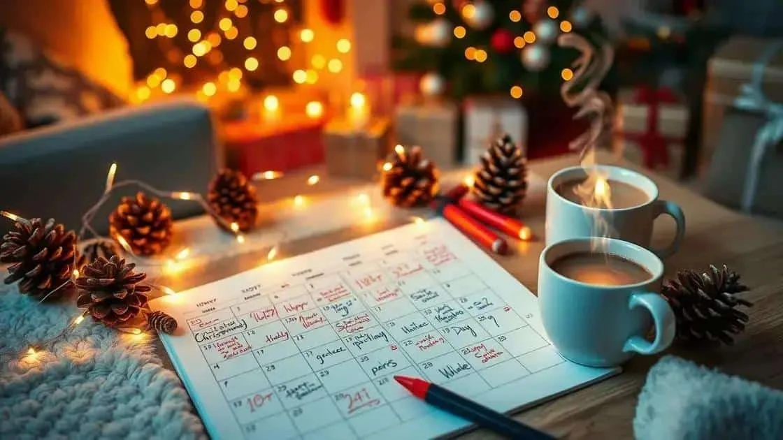 Calendar and mugs beside festive decorations