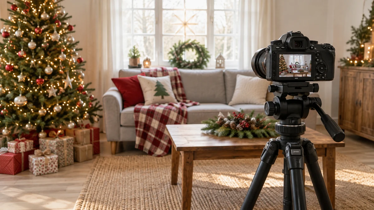 Camera and tripod ready for a Christmas family photograph