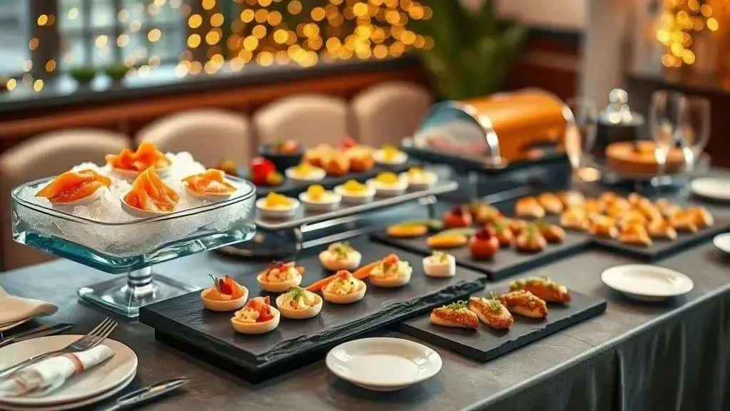 Canapé buffet with separate chilled and hot serving areas Canapé buffet with separate chilled and hot serving areas