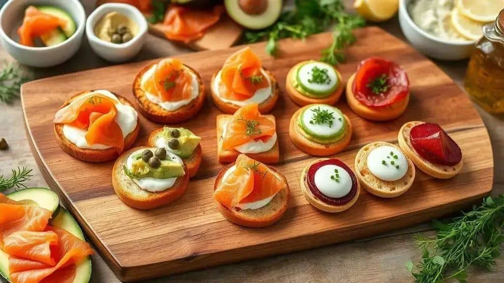 Canape variations with salmon and vegetable toppings Canape variations with salmon and vegetable toppings