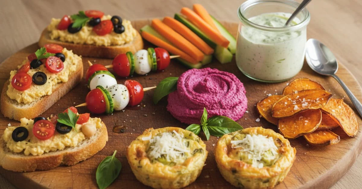 Canapes and dips on a wooden board