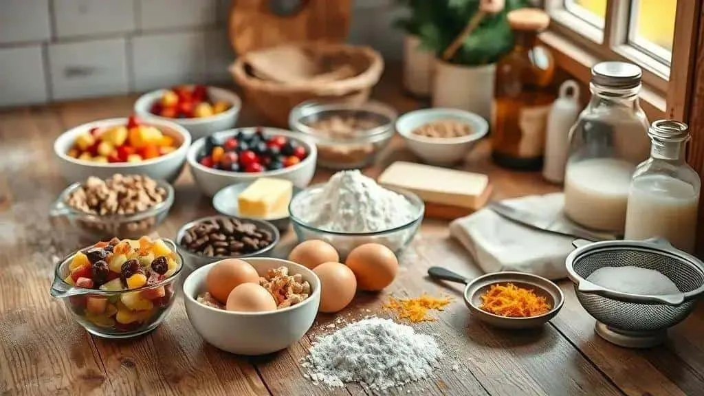 Candied fruit, flour and eggs for Christmas cake Candied fruit, flour and eggs for Christmas cake