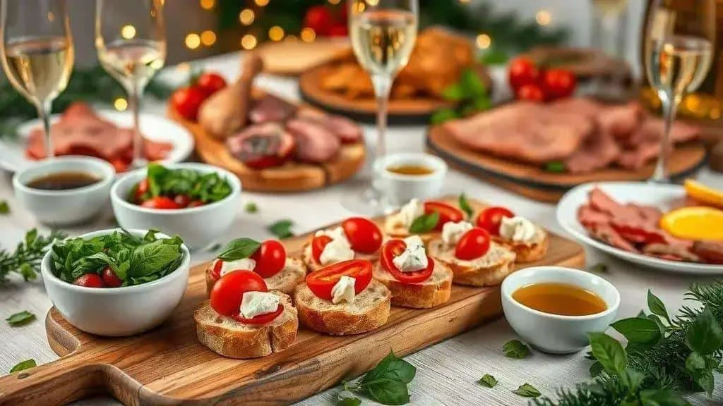 Caprese bruschetta served with other festive dishes Caprese bruschetta served with other festive dishes