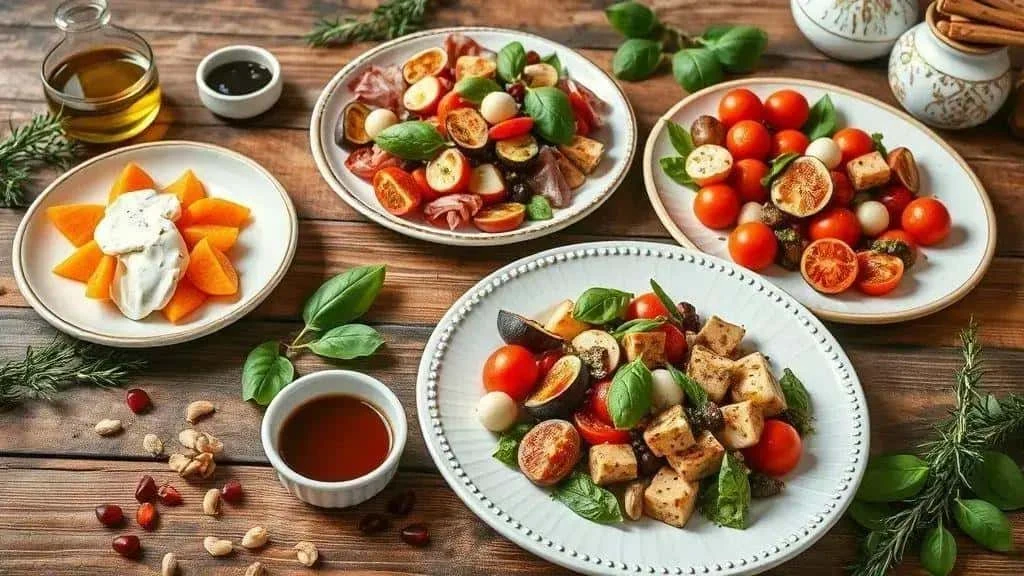 Caprese variations with burrata, citrus, tofu and cured meat