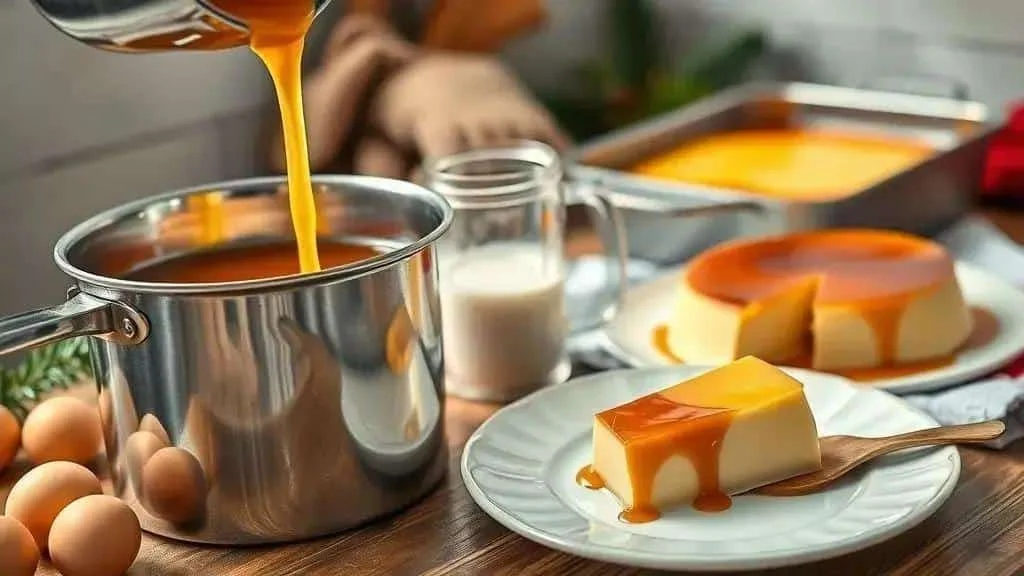 Caramel and custard preparation for flan