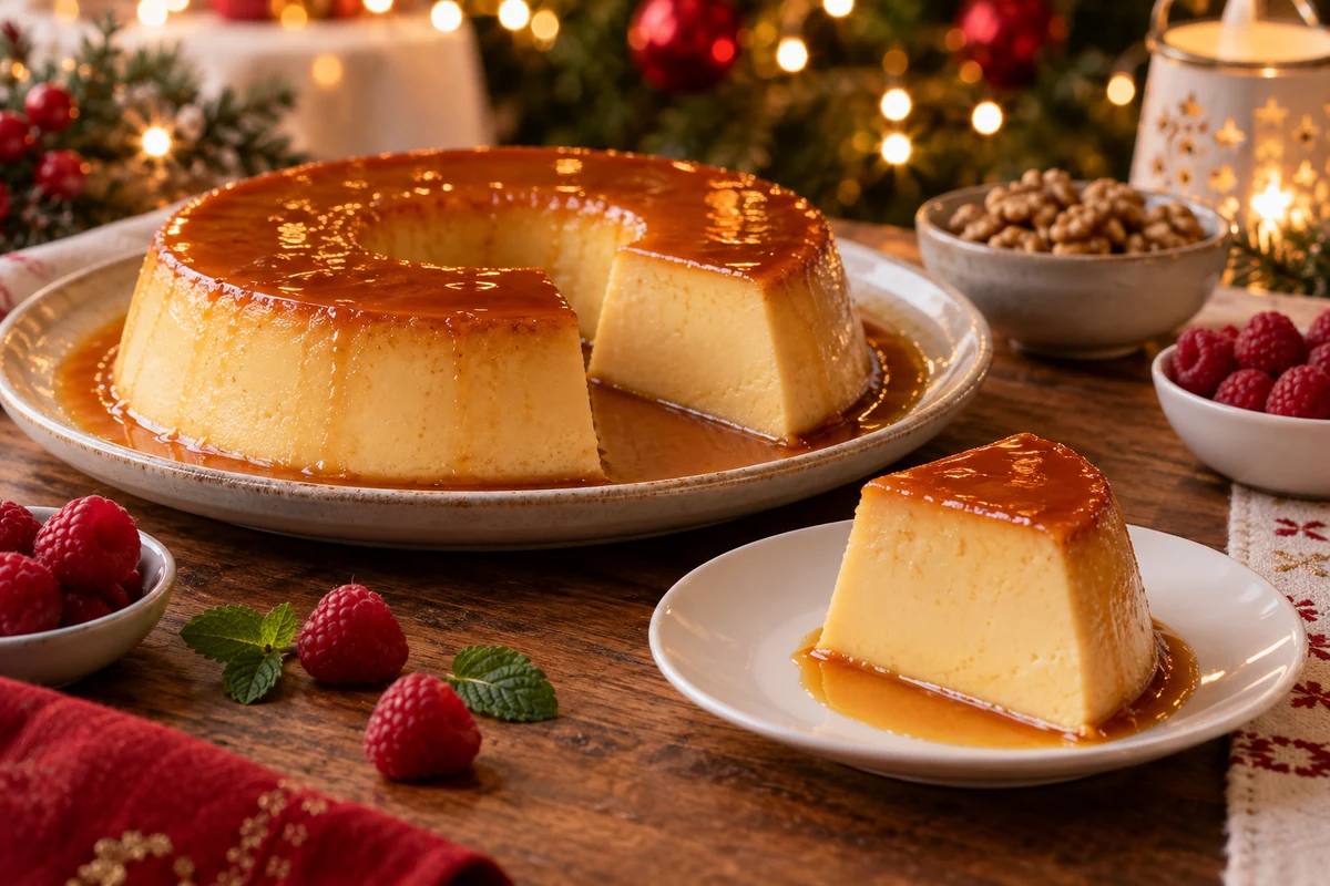 Caramel flan served in slices