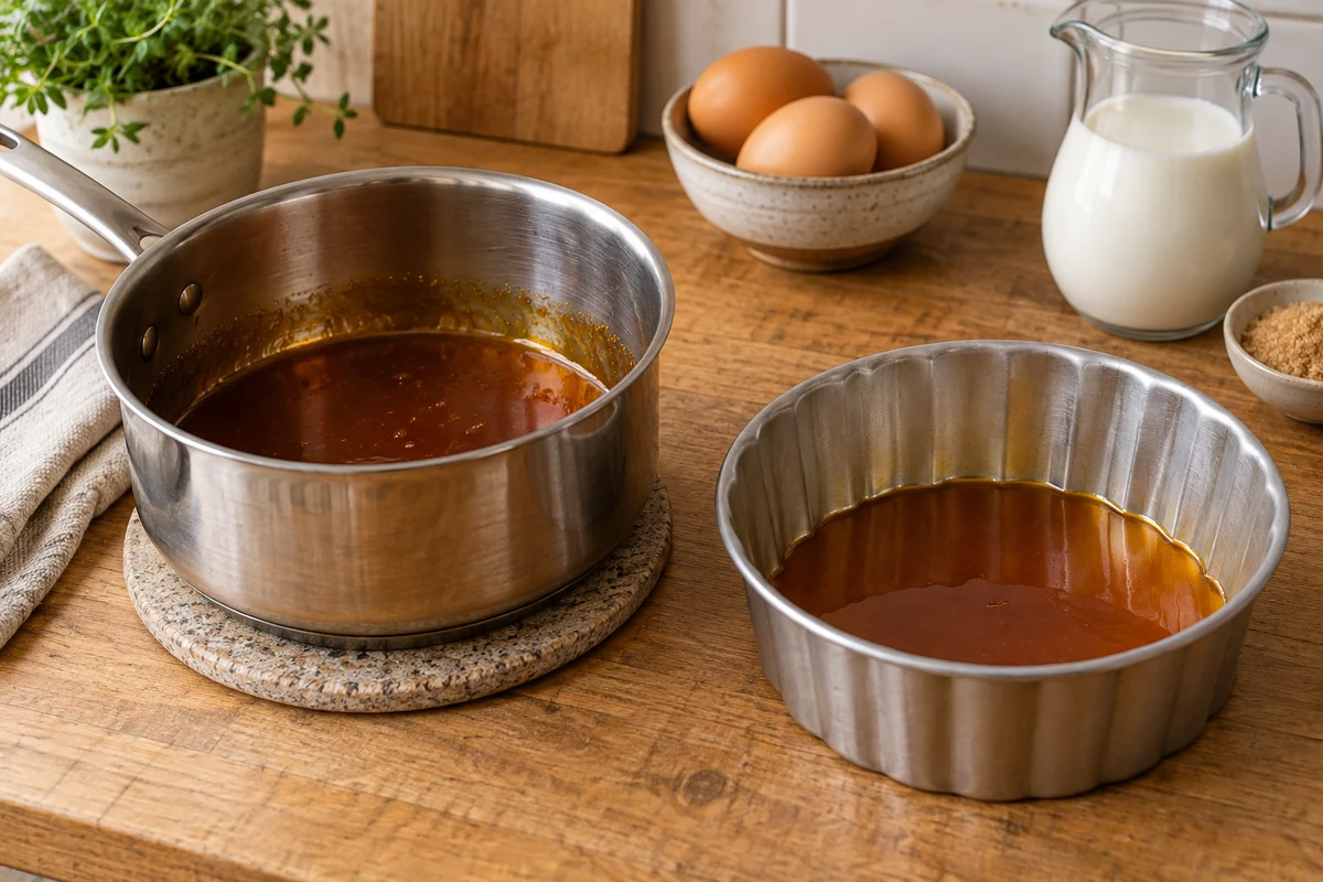 Caramel in a saucepan and a pudding mould