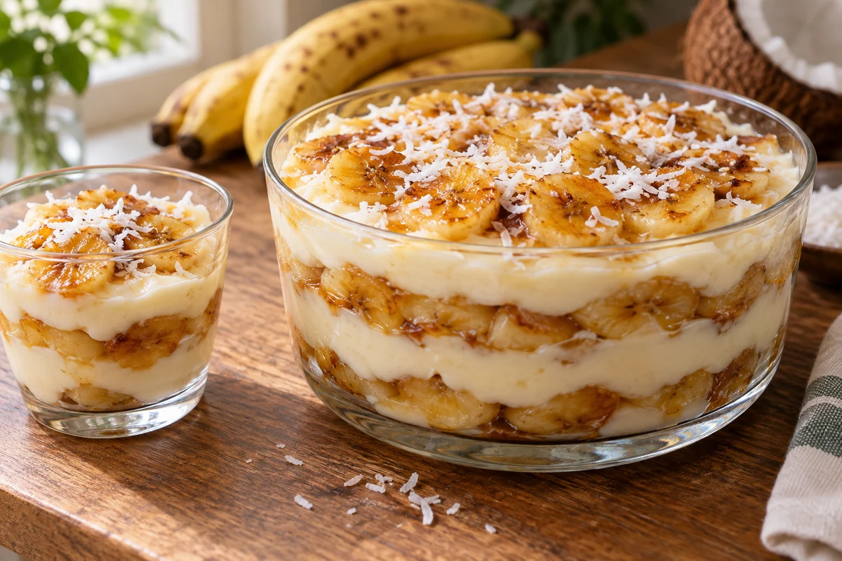 Caramelised banana and coconut cream dessert in a glass bowl