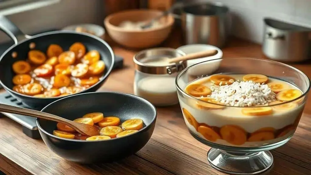 Caramelised bananas and cream being prepared for a layered dessert Caramelised bananas and cream being prepared for a layered dessert