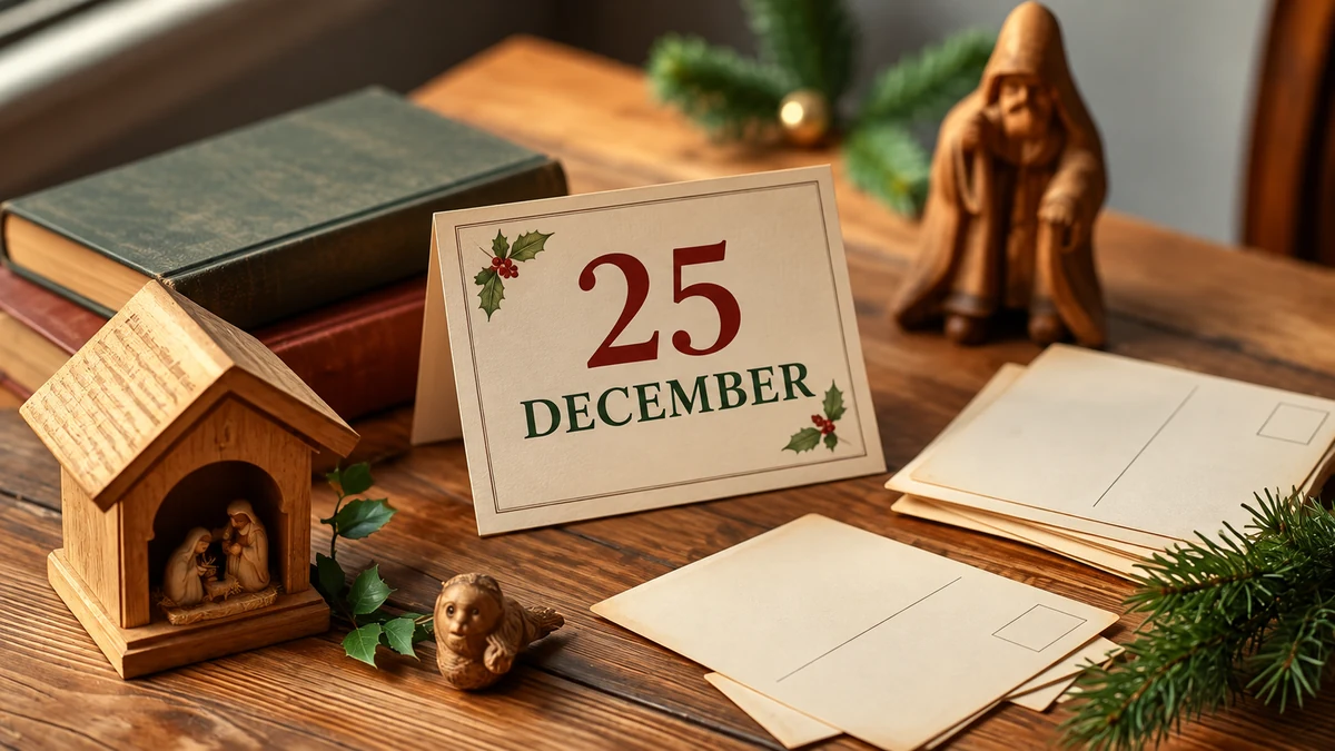 Card showing 25 December with festive decorations Card showing 25 December with festive decorations