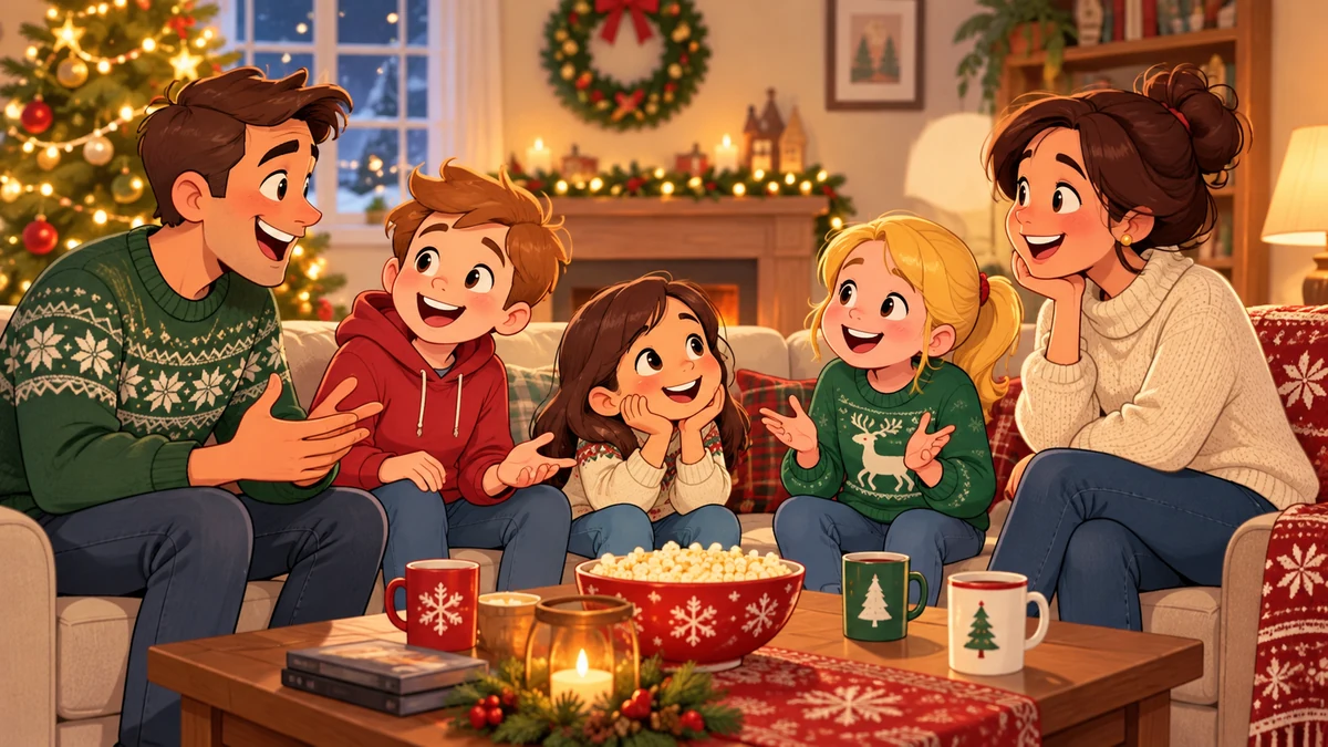 Cartoon family talking together at Christmas