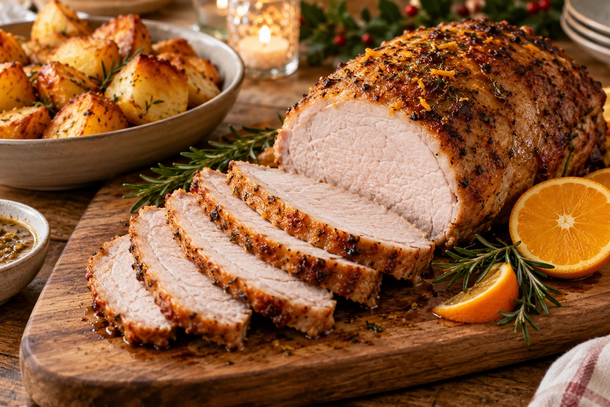 Carved boneless pork leg with roast potatoes