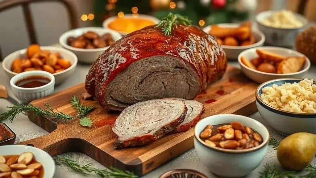 Carved glazed beef served with rice and vegetables Carved glazed beef served with rice and vegetables
