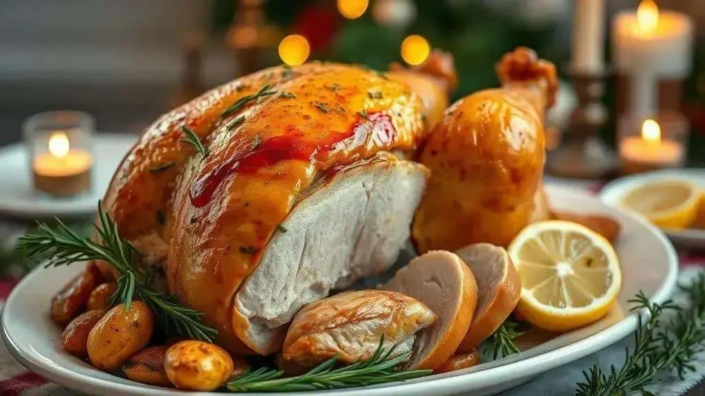Carved herb-roasted chicken with lemon and vegetables